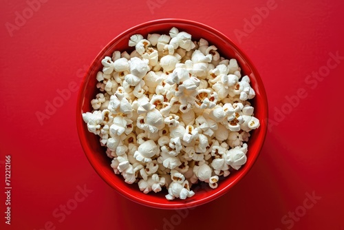 Red bowl with popcorn from top perspective