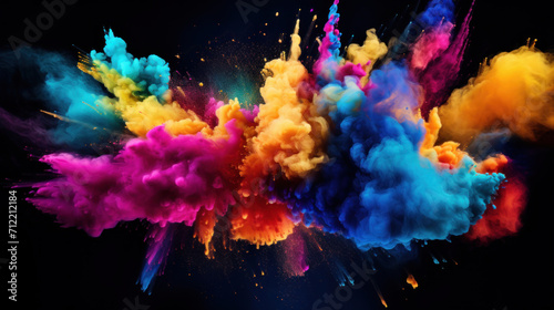 Dynamic and vibrant explosion of multicolored powder captured in motion on a dark background.