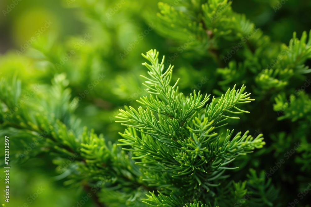 Selective focus on a beautiful green coniferous plant s close up branch
