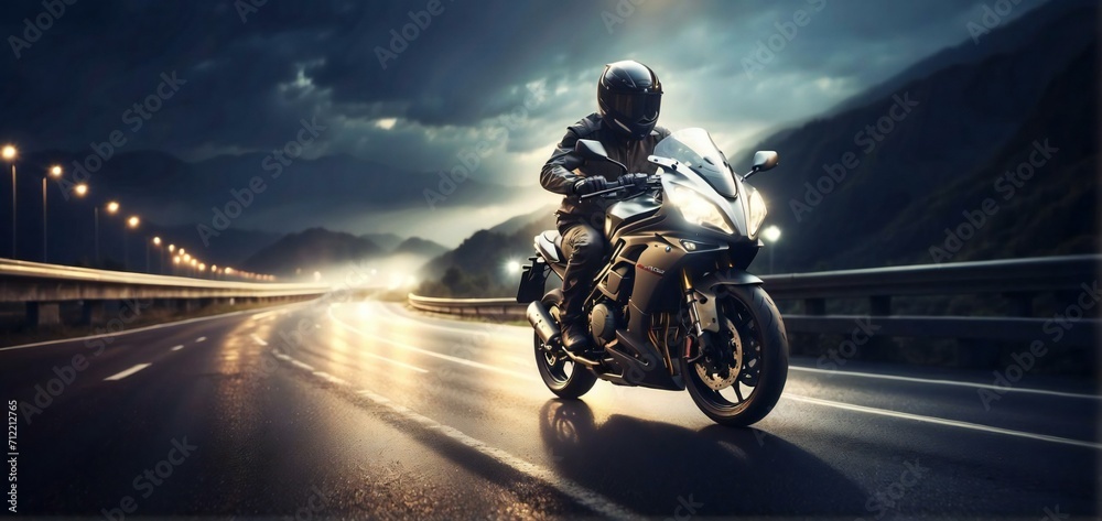 motorbike rider is speeding on the highway