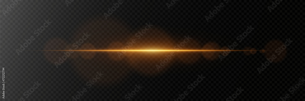 Golden horizontal glare of light. Line flash effect. On a transparent background. - obrazy, fototapety, plakaty 