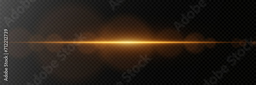 Golden horizontal glare of light. Line flash effect. On a transparent background.
