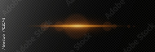 Golden horizontal glare of light. Line flash effect. On a transparent background.