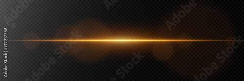 Golden horizontal glare of light. Line flash effect. On a transparent background.