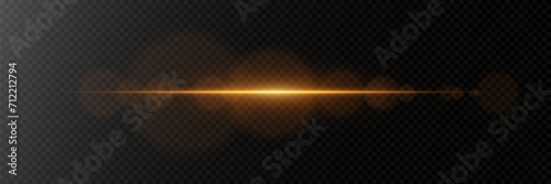 Golden horizontal glare of light. Line flash effect. On a transparent background. photo