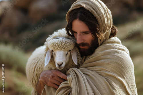 Jesus recovered lost sheep carrying it in his arms Fototapet
