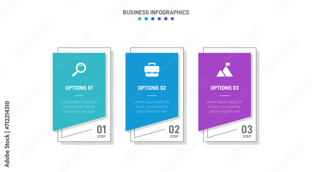 Obraz premium Timeline infographic with infochart. Modern presentation template with 3 spets for business process. Website template on white background for concept modern design. Horizontal layout.