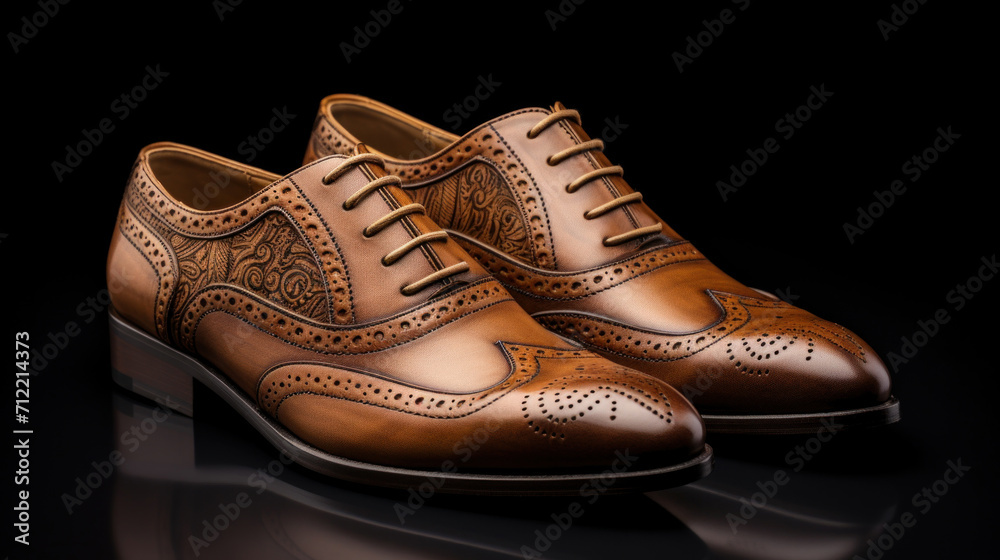 Close-up of elegant men's brogue dress shoes in brown leather with intricate detailing and craftsmanship on a black background.