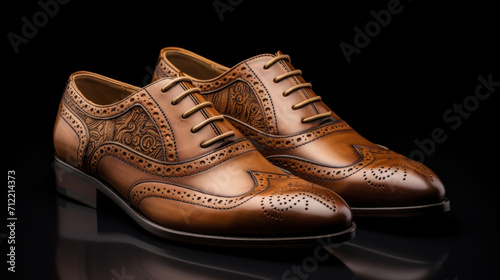 Close-up of elegant men's brogue dress shoes in brown leather with intricate detailing and craftsmanship on a black background.