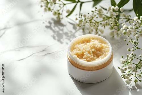 Skin scrub sample and container displayed on a light background