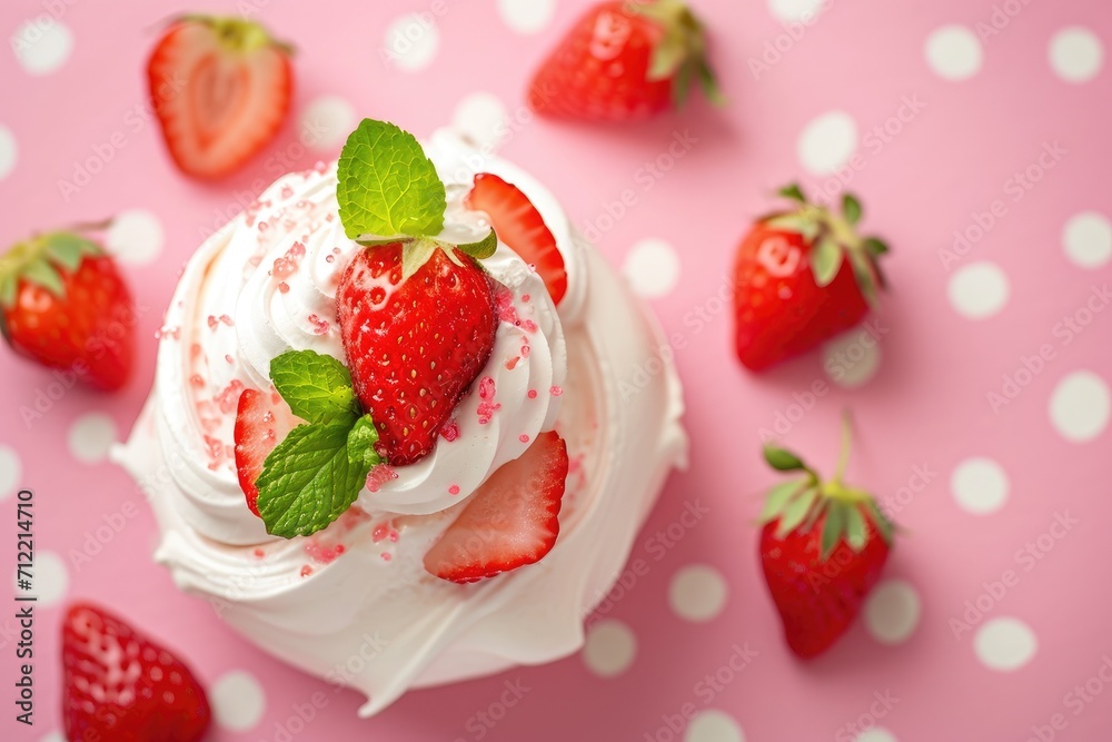 Top down view of a tiny Pavlova dessert decorated with sliced strawberries and mint leaves on a polka dotted pink background Top down view of a tiny Pavlova dessert decorated with sliced strawberries and mint leaves on a polka dotted pink background