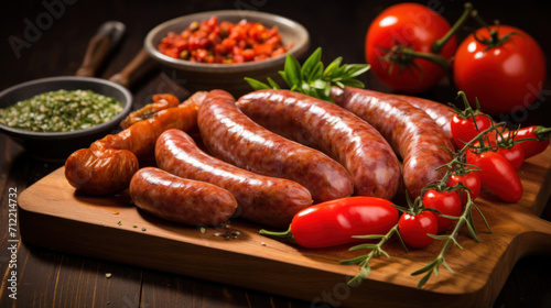 A selection of fresh sausages accompanied by herbs and cherry tomatoes, artfully presented on a rustic wooden cutting board.