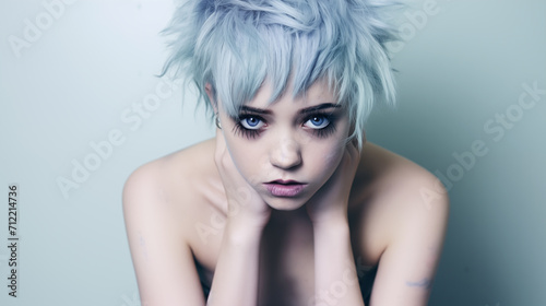 Portrait of a Young Woman with Short Hair and Long Lashes. Worried Facial Expression. It Could Represent the Anxiety of New Generations.