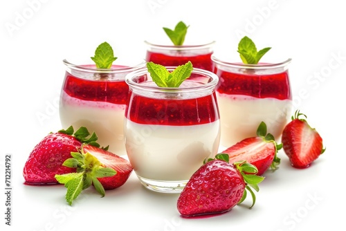 Strawberry panna cotta dessert on white background served in glass jars photo