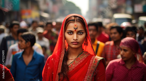 A focused portrait of a woman in vibrant traditional Indian attire standing out in a crowded street scene.