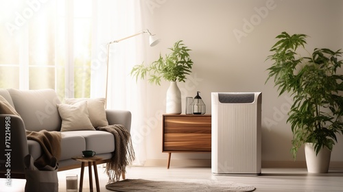 Modern interior with air purifier and air conditioner. Luxury living room with large sofa. Created with Generative AI