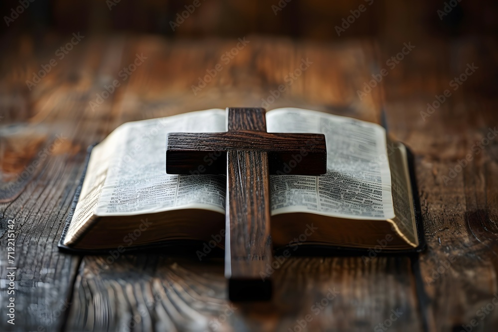 A wooden cross resting upon an open Bible capturing the essence of Christian fait