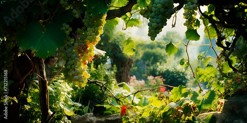 juicy, ripe grapes, soft light. there is a garden in the background. harvest time photo