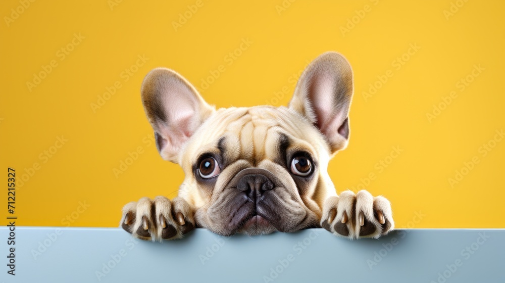 Bulldog peeking over pastel yellow bright background with paws