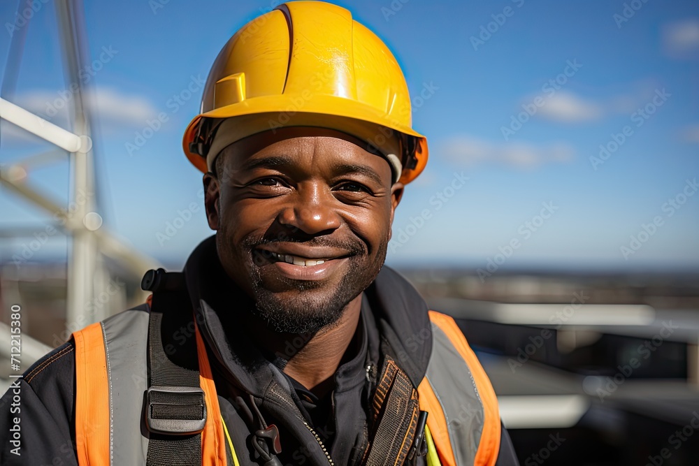 Construction Worker On Building Site Laying Slate Tiles. Portrait of an African American Roof construction worker working on a roof, adorned in safety gear and sky in the background Construction Worker On Building Site Laying Slate Tiles. Portrait of an African American Roof construction worker working on a roof, adorned in safety gear and sky in the background