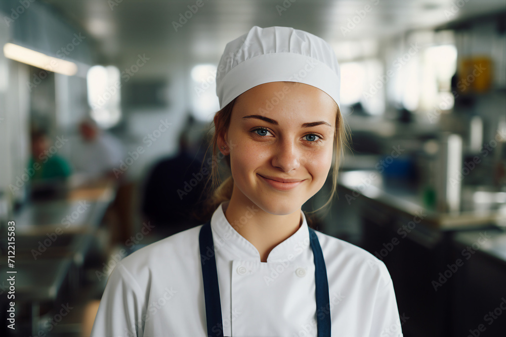 AI generated photography of professional chef in school canteen cooking meal AI generated photography of professional chef in school canteen cooking meal