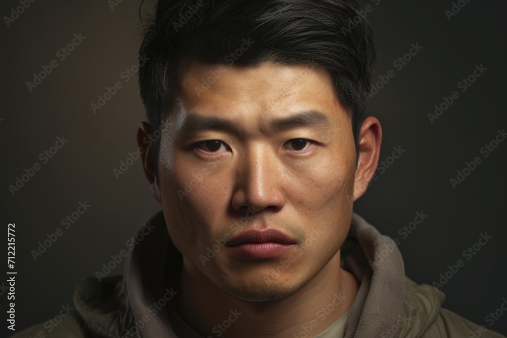 Portrait of an Asian man with short hair wearing a hoodie, closeup Portrait of an Asian man with short hair wearing a hoodie, closeup