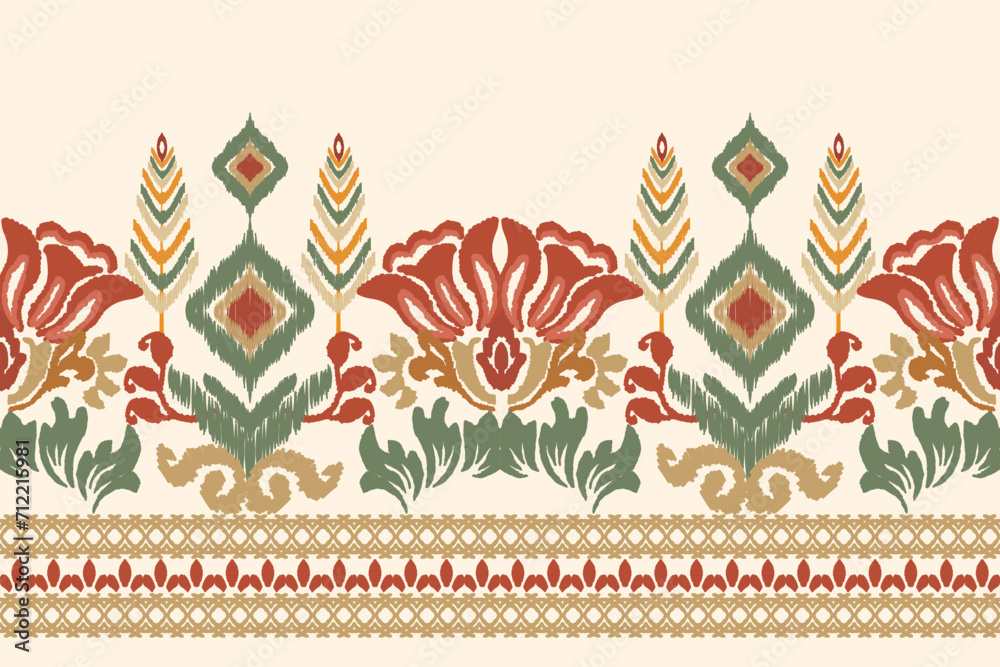 Embroidered Ikat flower pattern on a yellow background. Traditional ethnic ikat, Aztec abstract vector pattern, seamless pattern in tribal, folk embroidery and Mexican style.