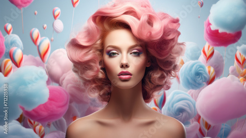A woman with vibrant pink hair is surrounded by a whimsical  candy-themed dreamscape with pastel clouds and sweets.