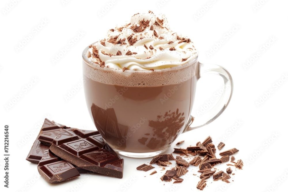Hot cocoa with whipped cream and grated chocolate in a glass cup isolated on a white background Hot cocoa with whipped cream and grated chocolate in a glass cup isolated on a white background
