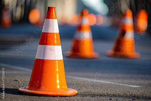 Orange traffic cones with reflective stripes placed on the pavement