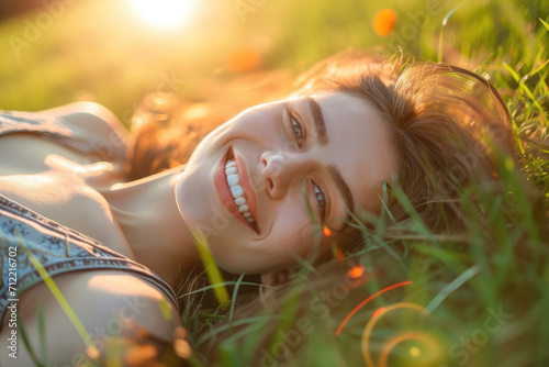 Smiling woman lying on grass enjoying sunny day photo