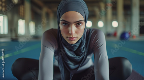 Muslim woman in s hijab and sport wear. Female sport.  photo