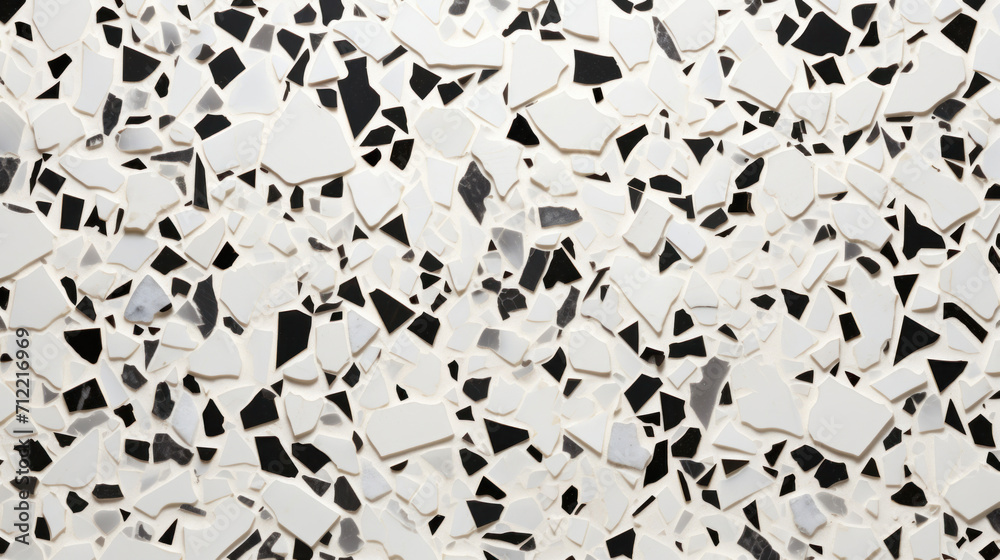 Close-up of terrazzo flooring with a mix of broken white and black marble pieces creating a decorative surface.