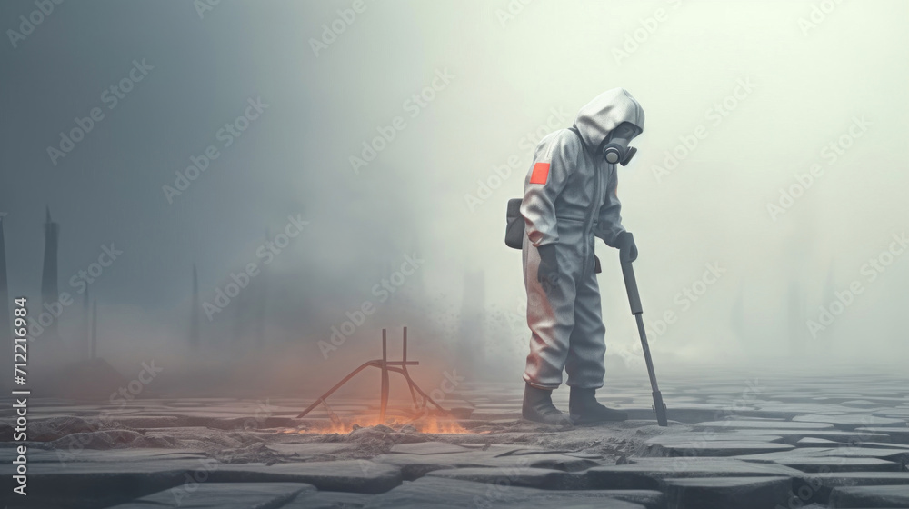 A worker in a hazmat suit with a mask and helmet inspects the contaminated ground at a foggy industrial site.
