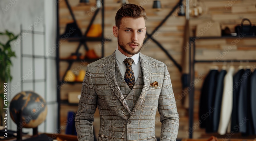 Posing man in office wearing pricey custom suit Posing man in office wearing pricey custom suit