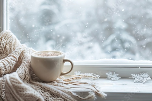 Coffee cup on window sill with snowy winter landscape Cozy home idea