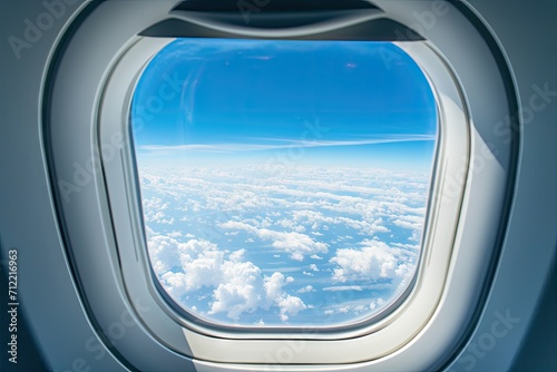 Airplane passenger s window view blue sky travel and air transportation © The Big L