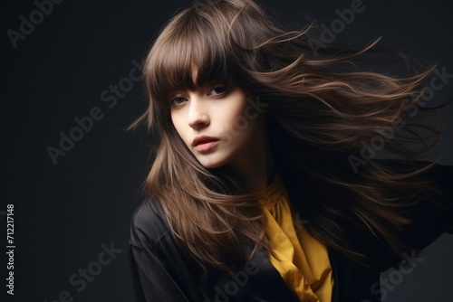 Portrait of a long-haired brunette with bangs in business clothes