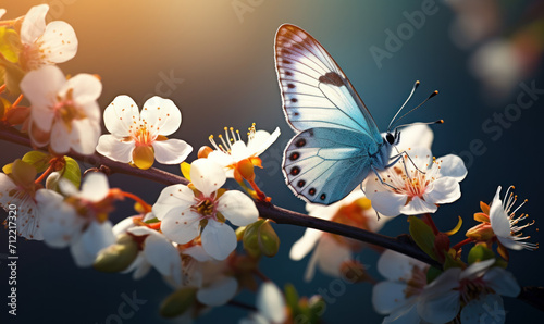 A delicate butterfly perches on white spring blossoms against a soft-focus background, with warm sunlight filtering through, evoking a tranquil and harmonious nature scene