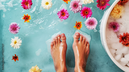 Top View of Relaxing Floral Foot Spa Treatment.