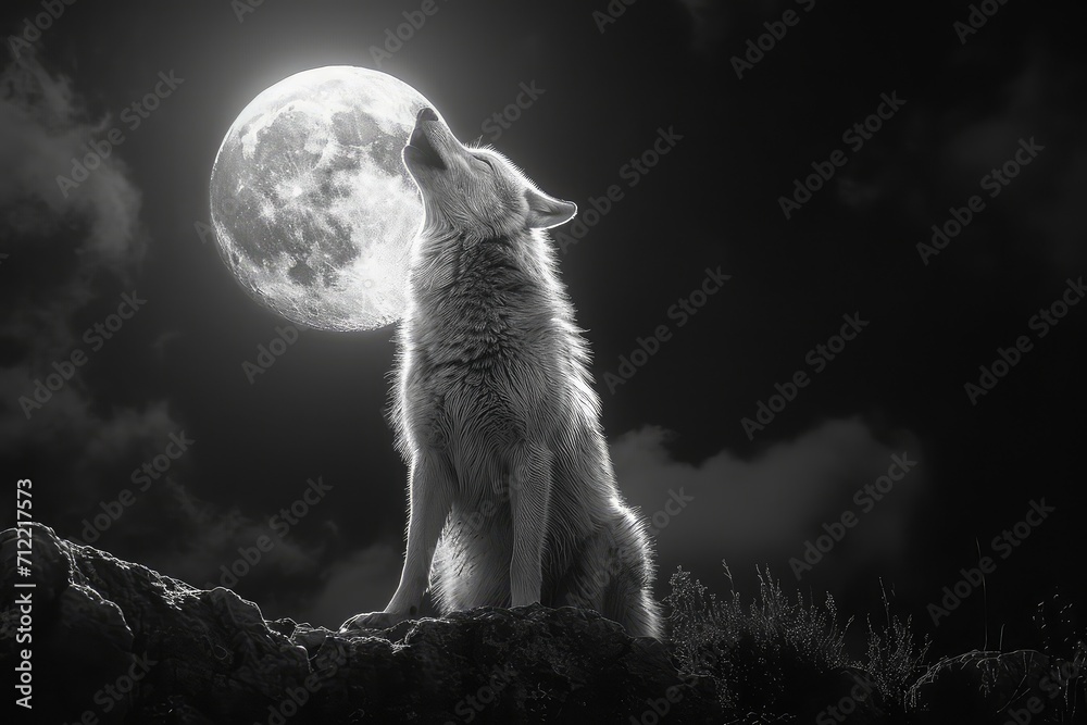 Obraz premium A black and white photo of a wolf howling at the moon, emphasizing its haunting beauty