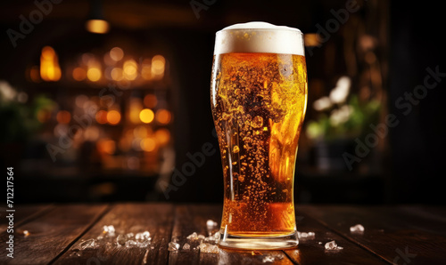 Refreshing cold draft beer in a tall glass with a frothy head, golden bubbles rising, against a warm, dark atmospheric background, inviting a taste photo