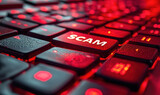 Close-up of a bright red 'SCAM' alert button on a computer keyboard, symbolizing the importance of cybersecurity and fraud awareness