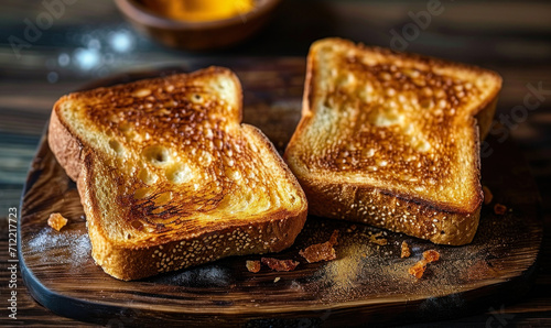 Two slices of perfectly toasted golden-brown bread on a dark wooden table, symbolizing simplicity and a classic breakfast staple