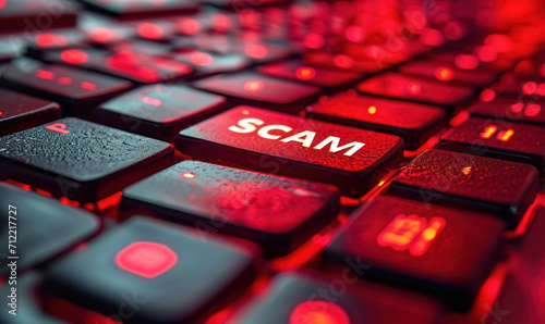 Close-up of a bright red 'SCAM' alert button on a computer keyboard, symbolizing the importance of cybersecurity and fraud awareness photo