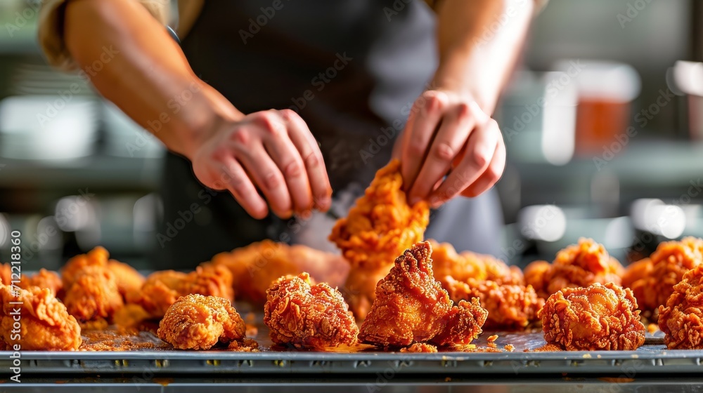 Close-up of a hands preparing fried chicken, Generate by AI