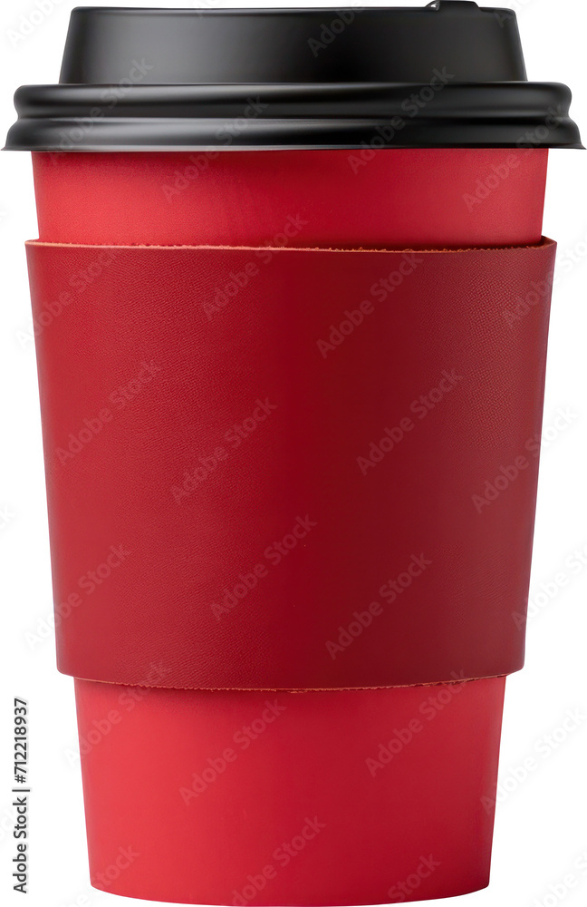 Takeaway red paper coffee cup with sleeve isolated cutout on transparent background. Mockup template product presentation. Takeaway red paper coffee cup with sleeve isolated cutout on transparent background. Mockup template product presentation.