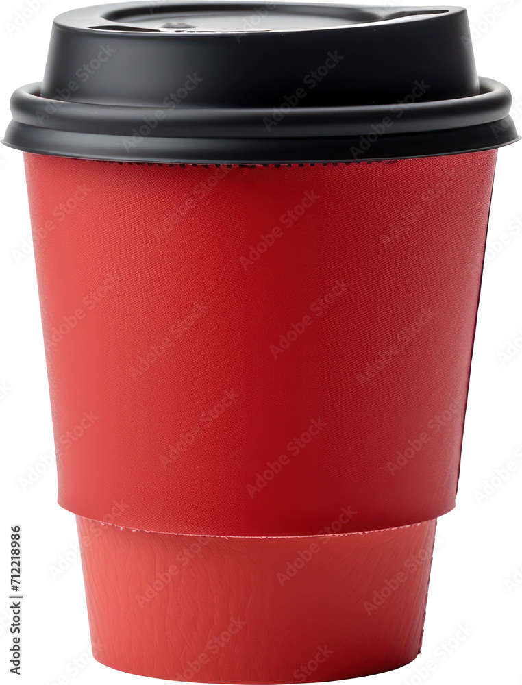 Takeaway red paper coffee cup with sleeve isolated cutout on transparent background. Mockup