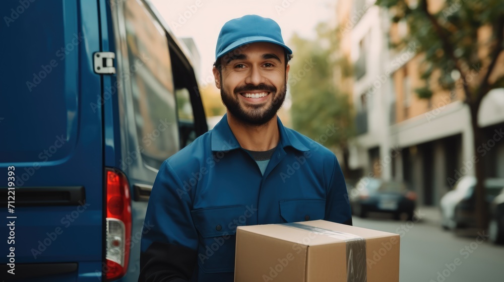 Delivery courier service. Delivery man in cap and uniform holding a cardboard box near a van truck delivering to customer home. Smiling man postal delivery man delivering a package Ai generated Delivery courier service. Delivery man in cap and uniform holding a cardboard box near a van truck delivering to customer home. Smiling man postal delivery man delivering a package Ai generated