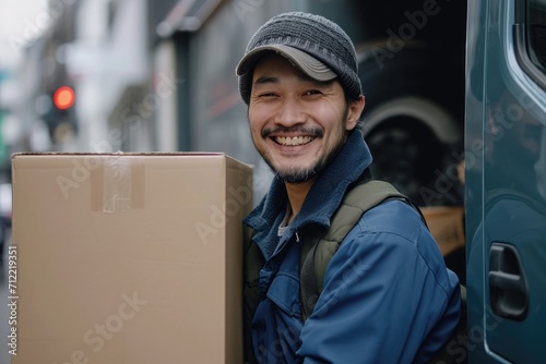 Delivery courier service. Delivery man in cap and uniform holding a cardboard box near a van truck delivering to customer home. Smiling man postal delivery man delivering a package Ai generated